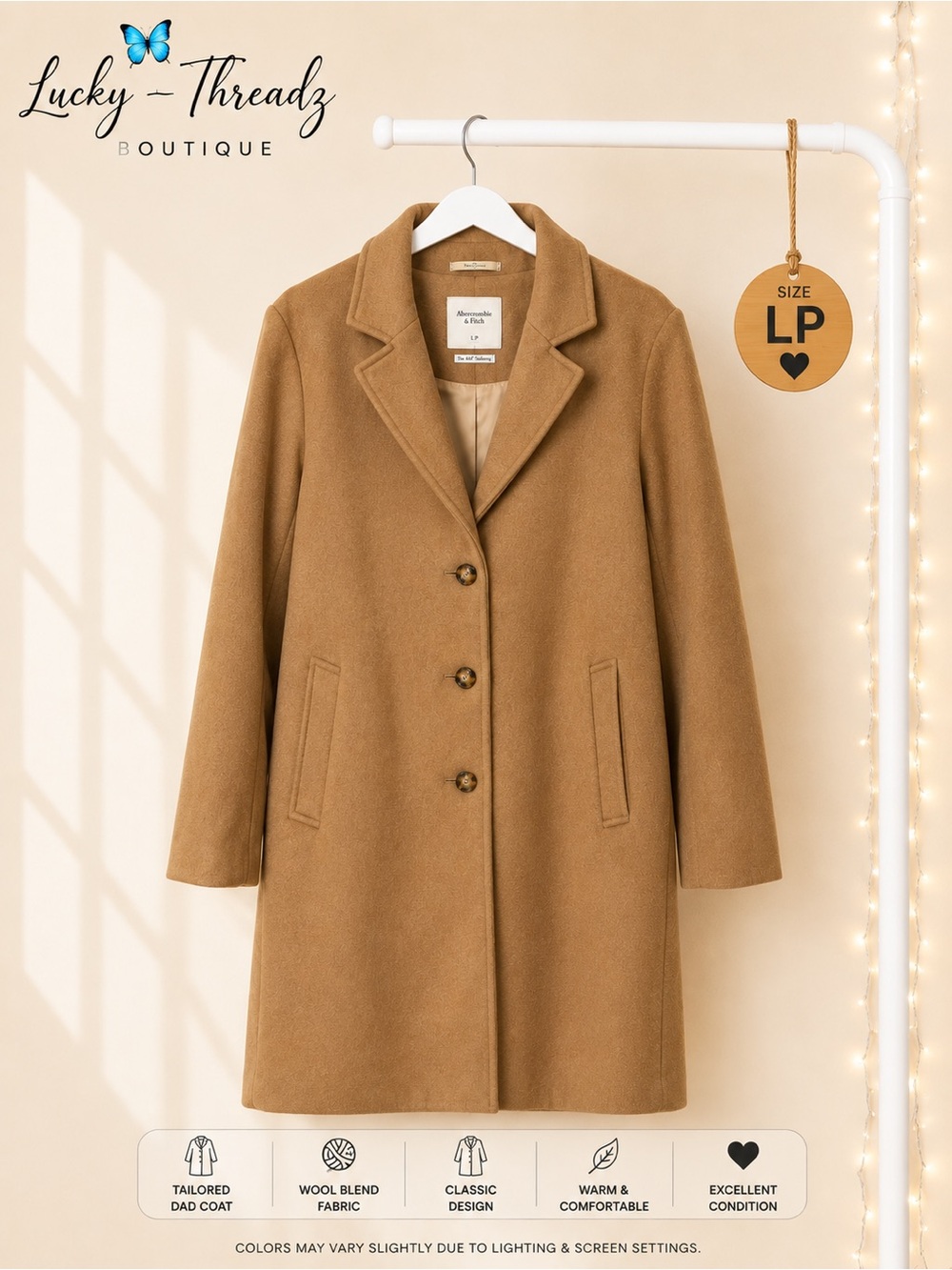 Abercrombie & Fitch Wool Blend Tailored Camel Dad Coat Large Petite LP - Picture 1 of 7